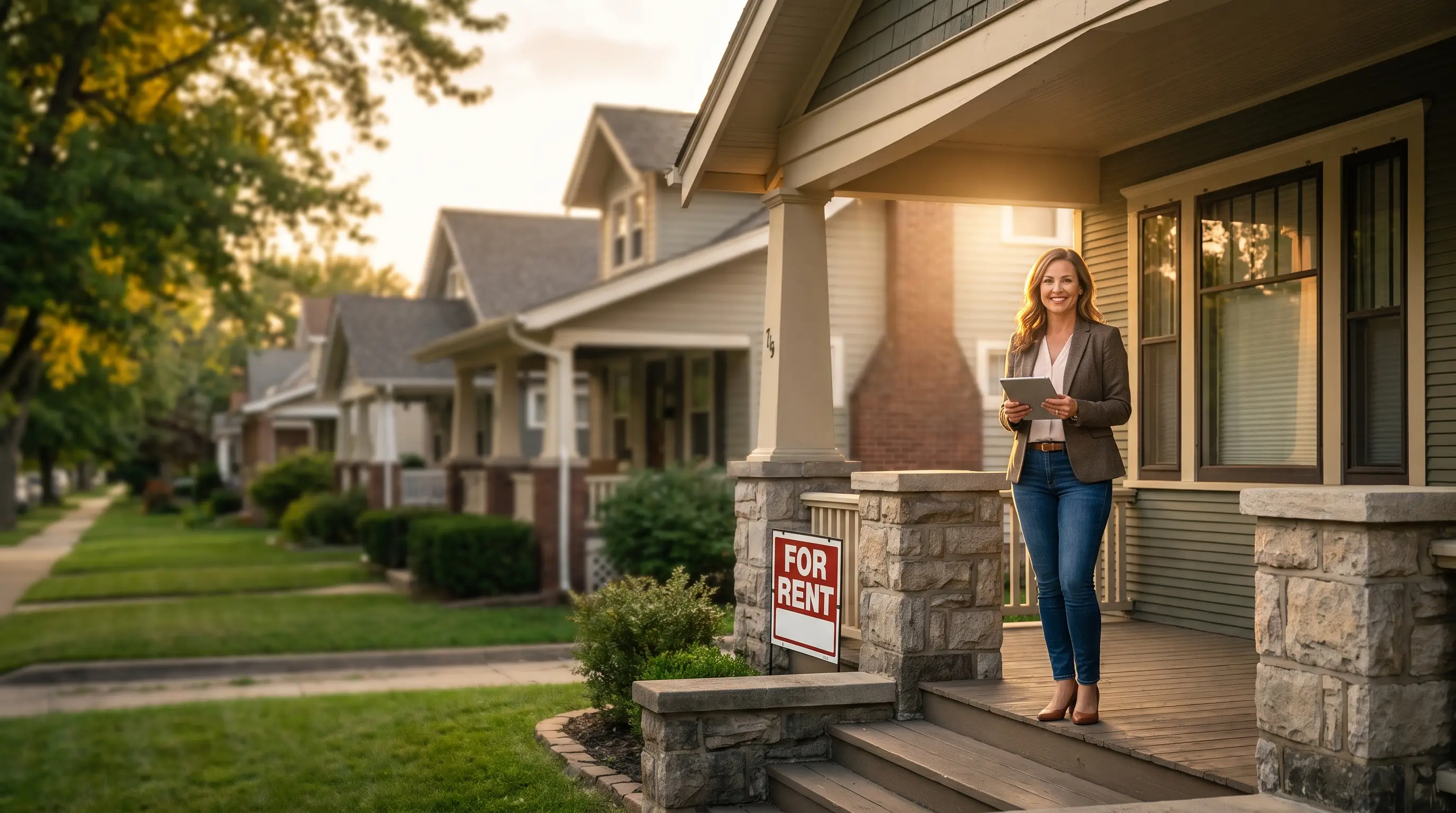 A property manager on the porch of a rental home at golden hour