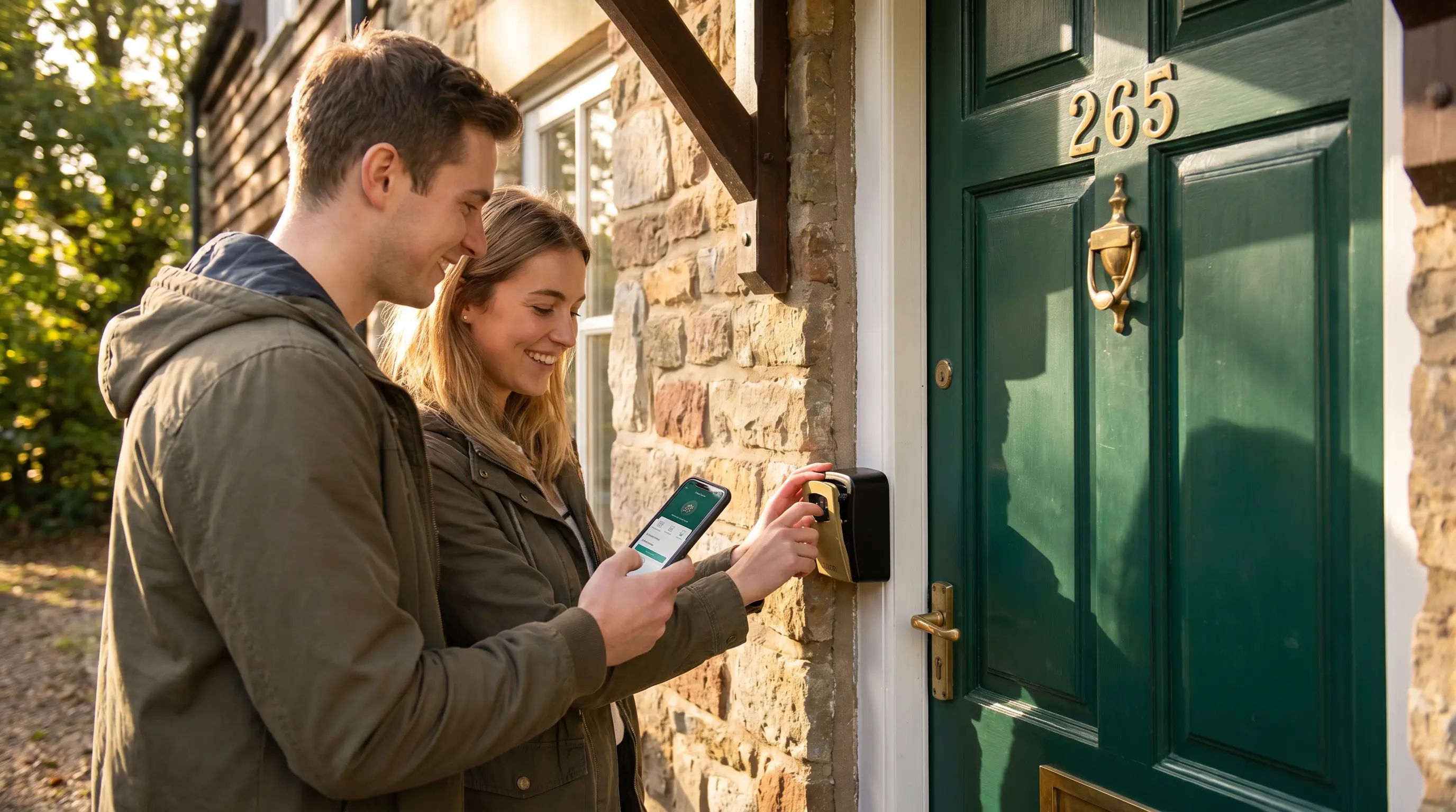A couple opening a smart lockbox for a self-guided tour